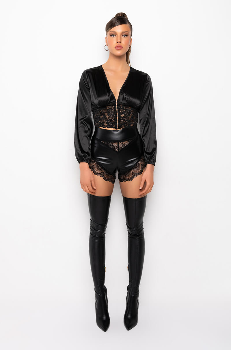 LOVER GIRL LACE DETAIL CROPPED SATIN BLOUSE