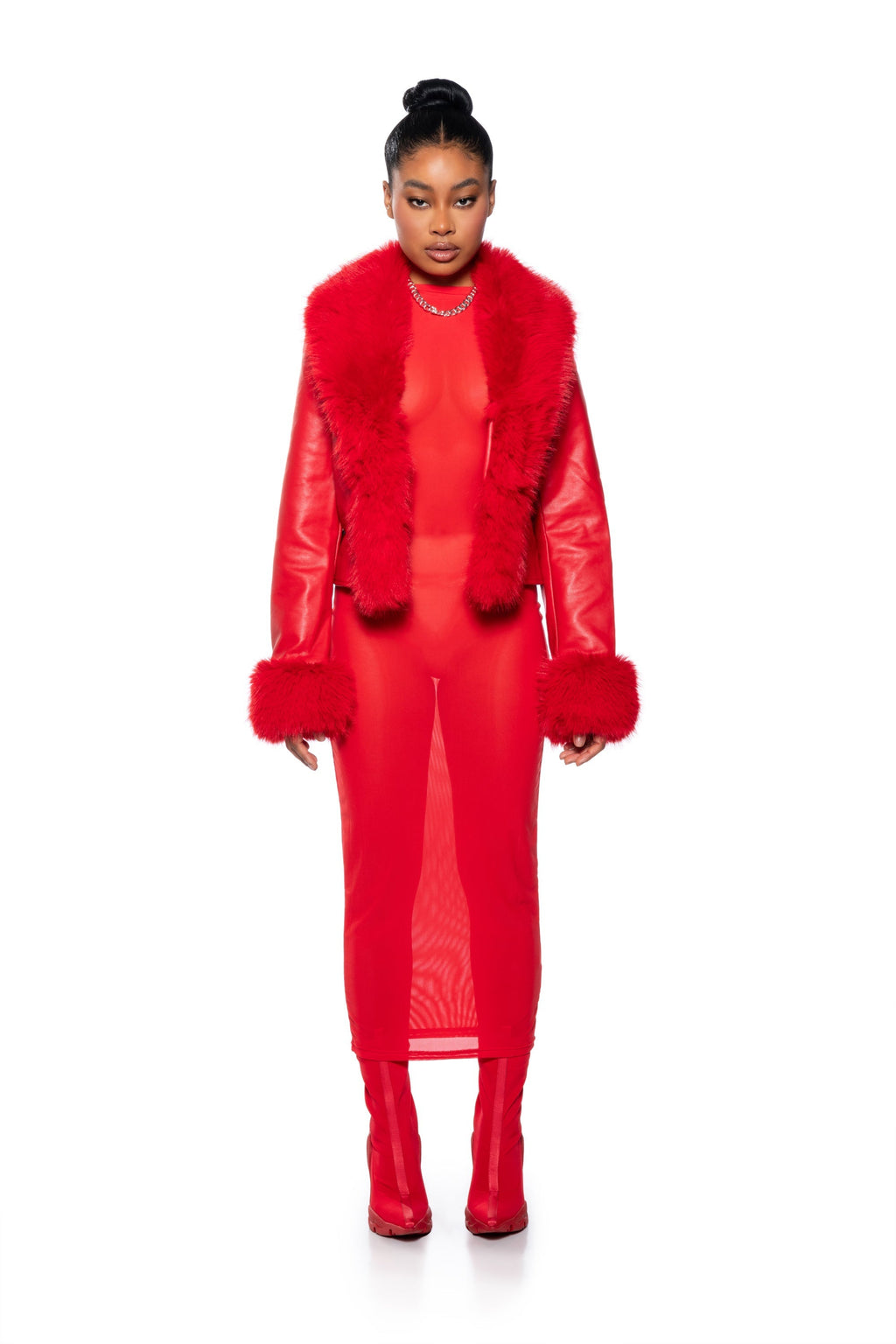LUNA CROP JACKET WITH FUR COLLAR IN RED