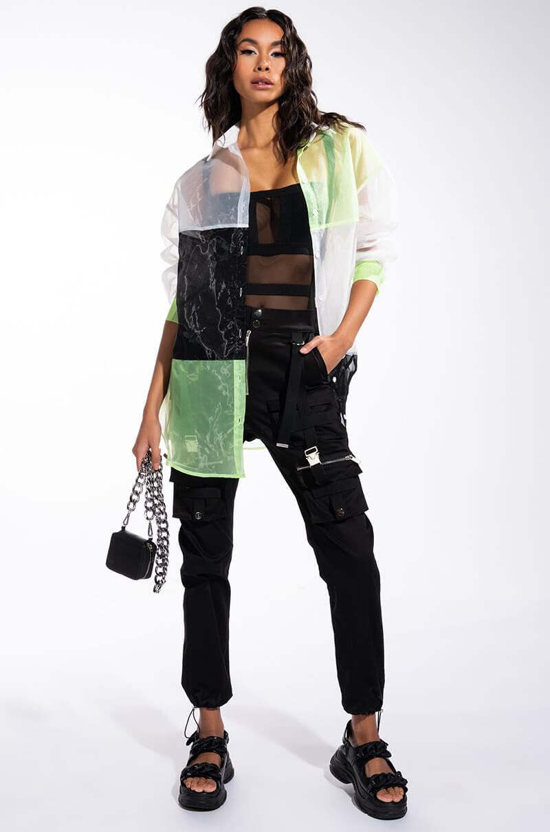 MADE YOU LOOK COLORBLOCK LONG SLEEVE ORGANZA BUTTON DOWN