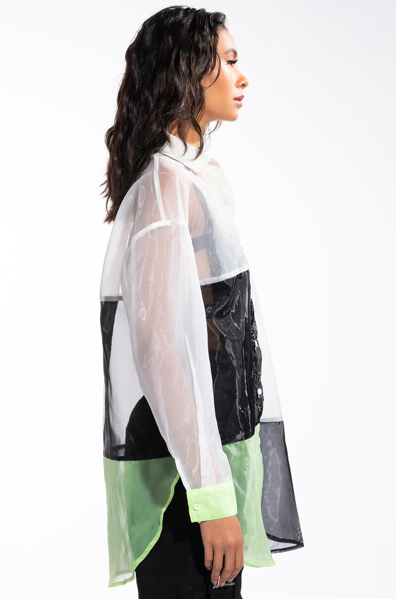 MADE YOU LOOK COLORBLOCK LONG SLEEVE ORGANZA BUTTON DOWN