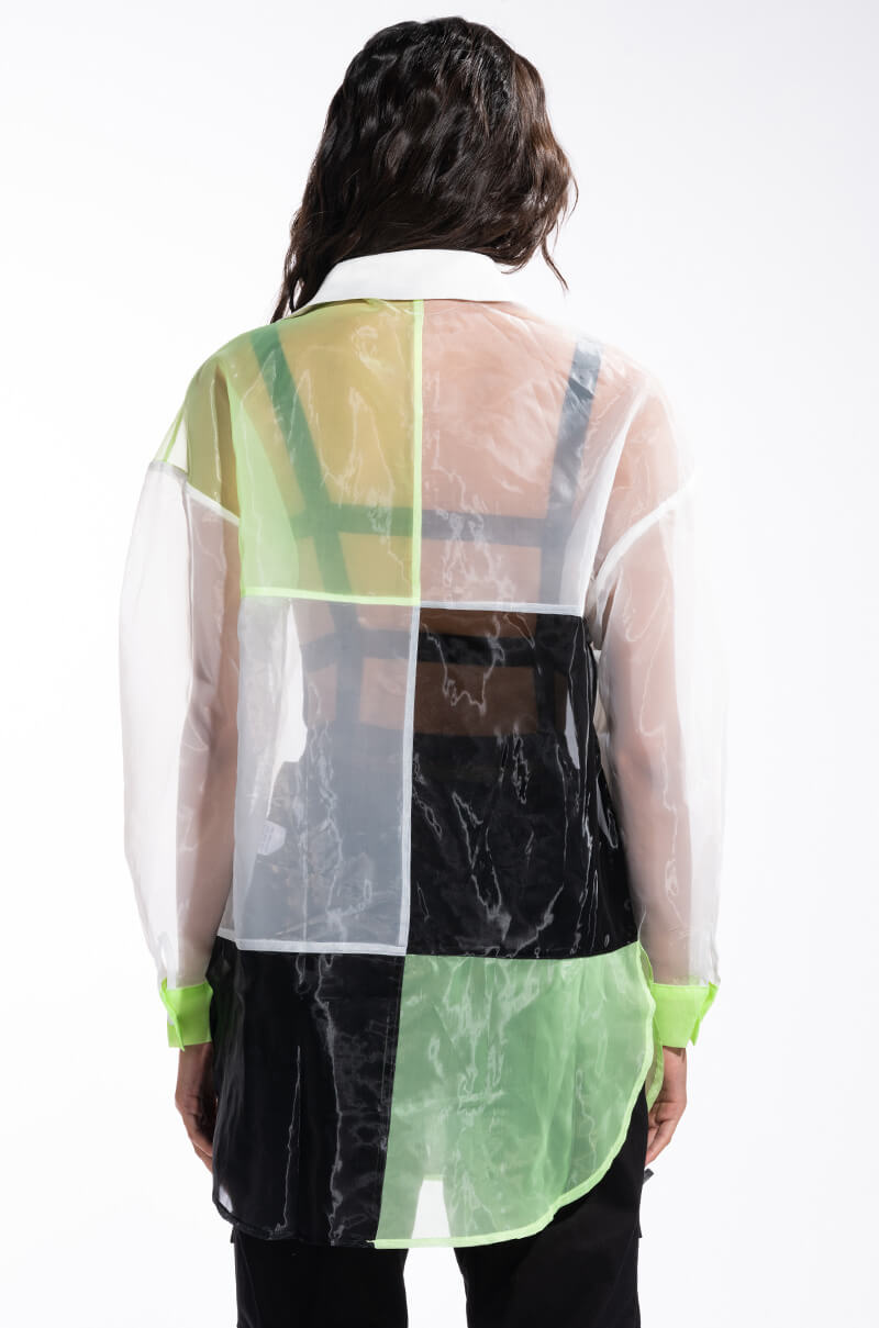 MADE YOU LOOK COLORBLOCK LONG SLEEVE ORGANZA BUTTON DOWN