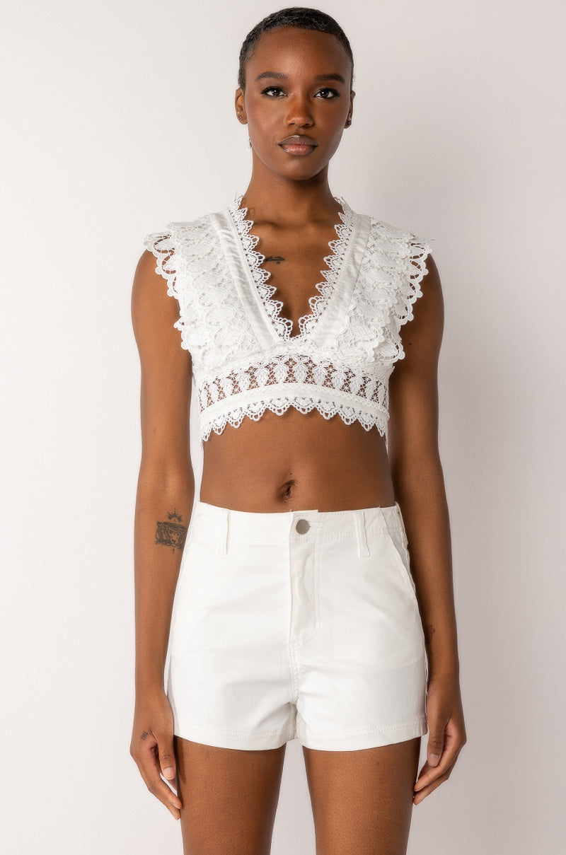 MAIN SQUEEZE DEEP V SLEEVELESS CROCHET BLOUSE