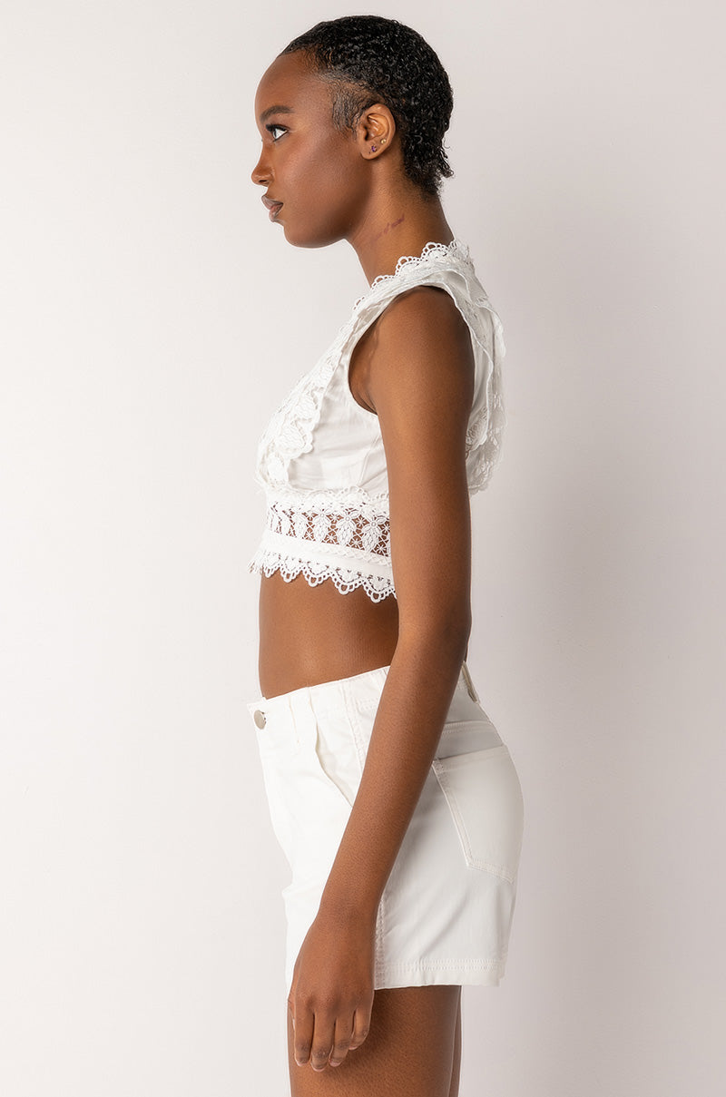 MAIN SQUEEZE DEEP V SLEEVELESS CROCHET BLOUSE