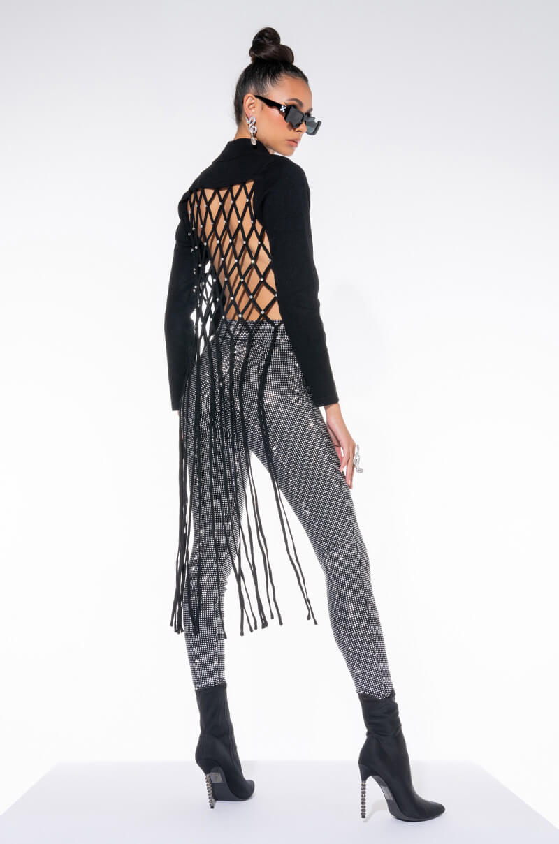 MAKE YOU MINE OPEN BACK RHINESTONE NET SWEATER