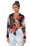 MALIBLUE PRINTED TIE FRONT BLOUSE