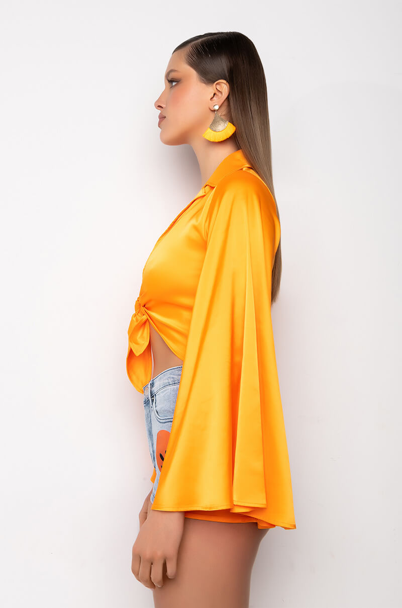 MARIPOSA TIE FRONT BUTTERFLY SLEEVE SATIN BODYSUIT