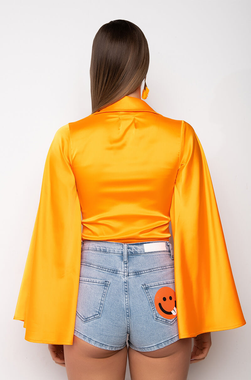MARIPOSA TIE FRONT BUTTERFLY SLEEVE SATIN BODYSUIT