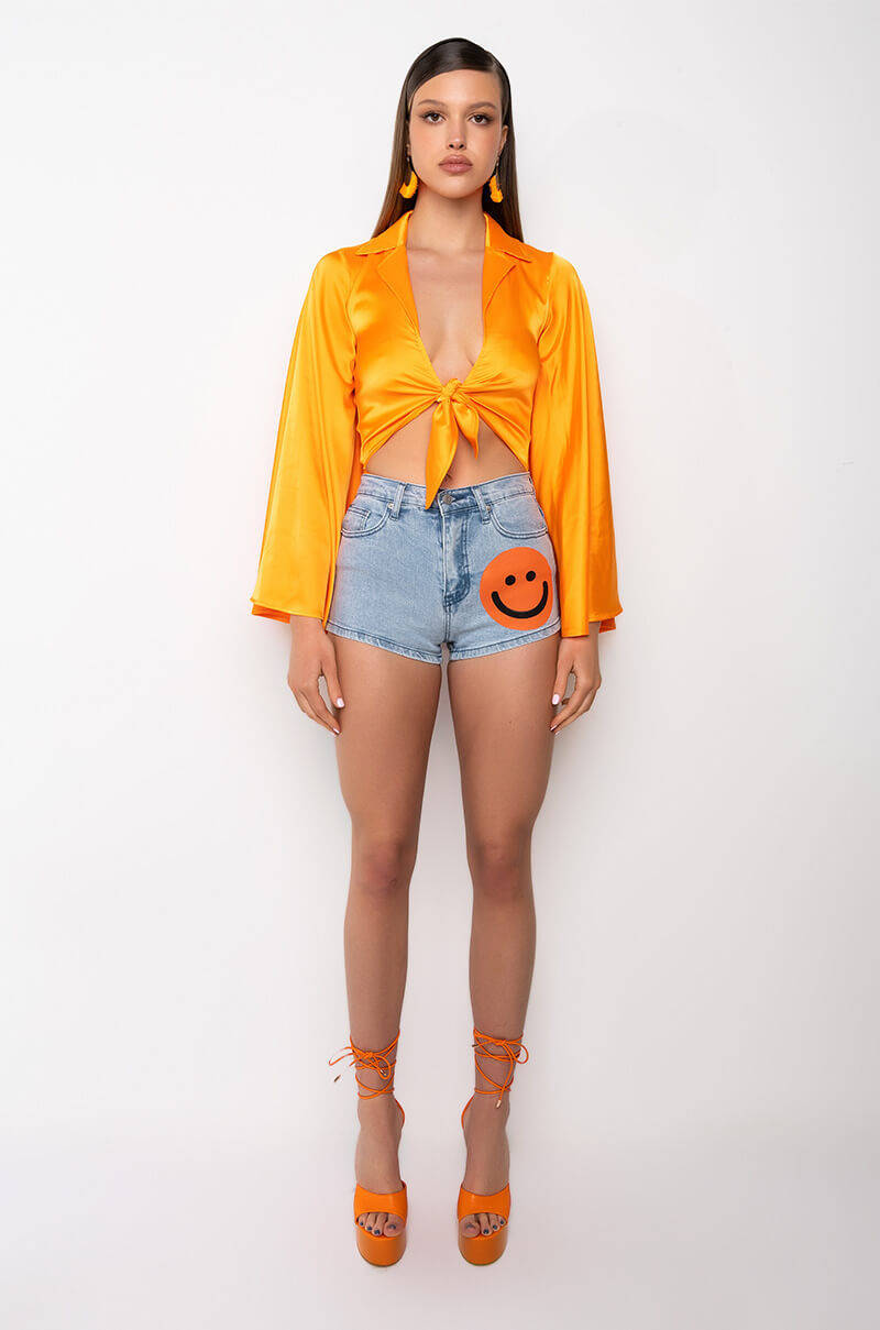MARIPOSA TIE FRONT BUTTERFLY SLEEVE SATIN BODYSUIT