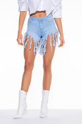 MAXI FRINGE HIGH WAISTED DENIM SHORTS