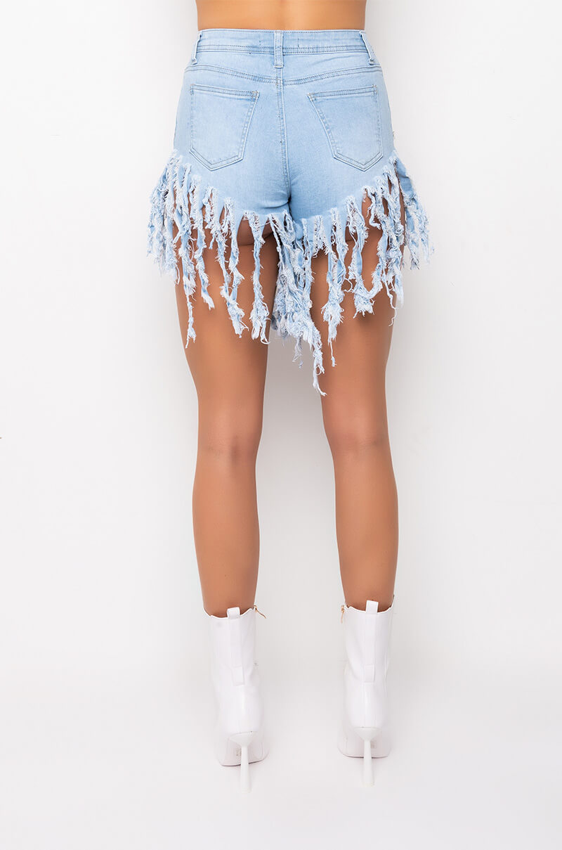 MAXI FRINGE HIGH WAISTED DENIM SHORTS