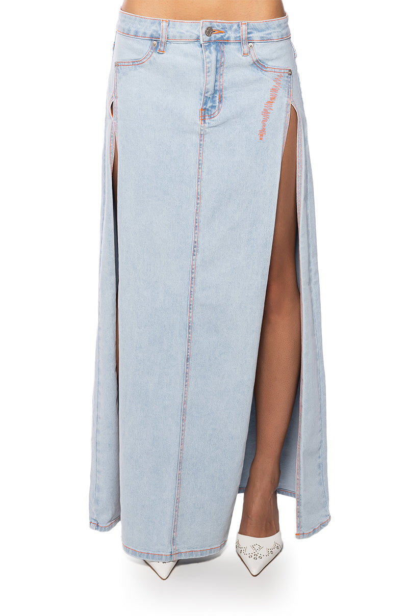 MIA DOUBLE SLIT MAXI DENIM SKIRT