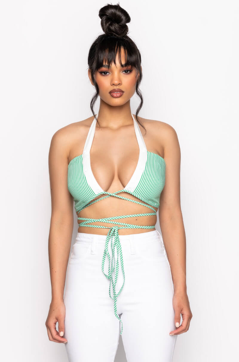 MODERN ART WRAP FRONT POPLIN HALTER CROP TOP
