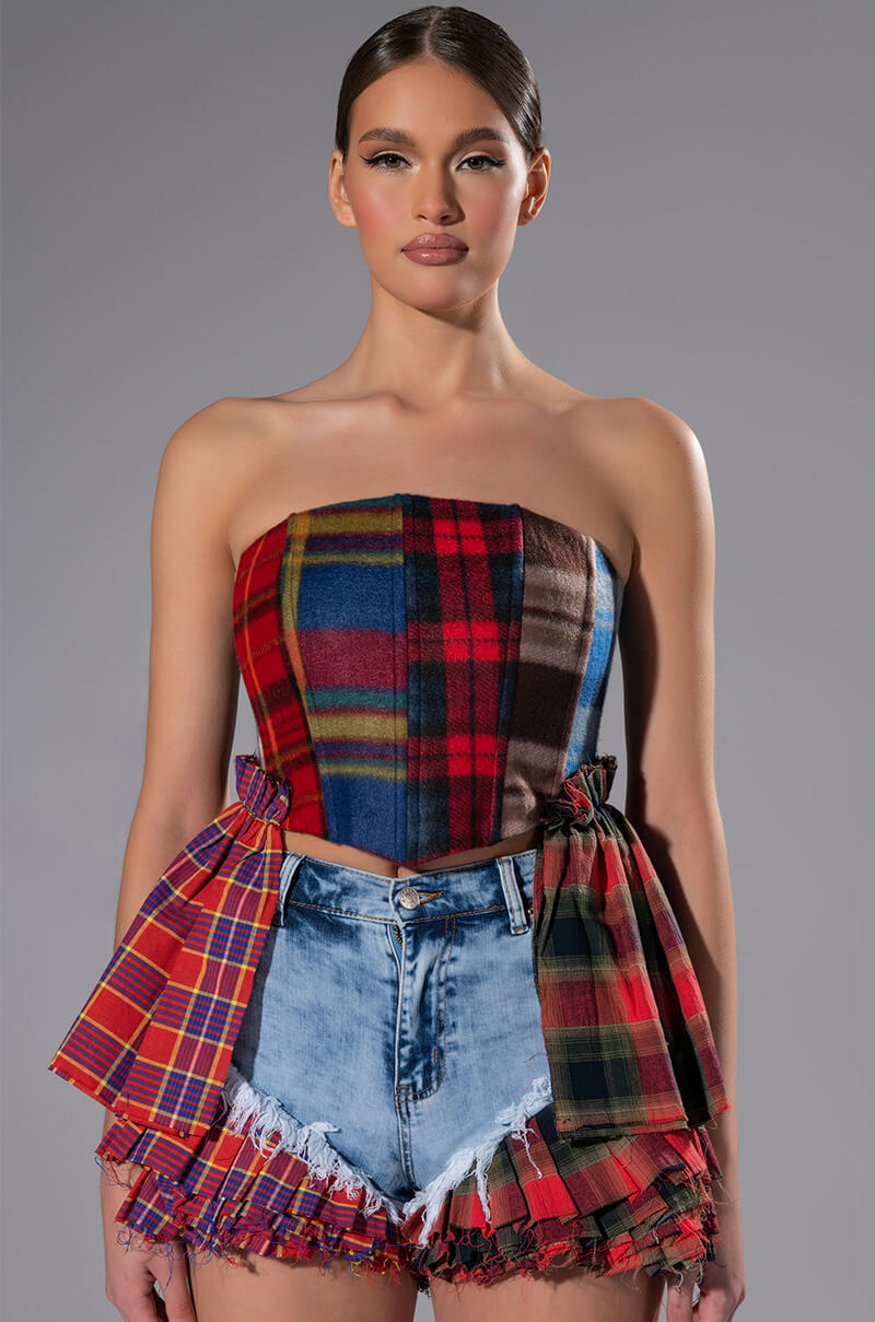 MODERN PUNK PLAID PATCHWORK CORSET
