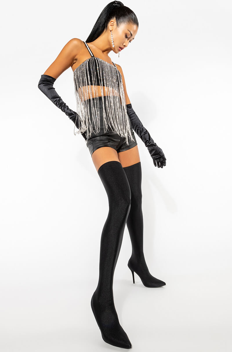 MOONCATCHER RHINESTONE FRINGE SLEEVELESS CROPPED BLOUSE