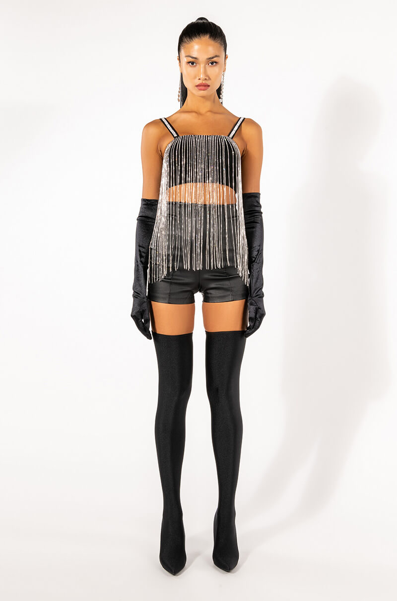 MOONCATCHER RHINESTONE FRINGE SLEEVELESS CROPPED BLOUSE
