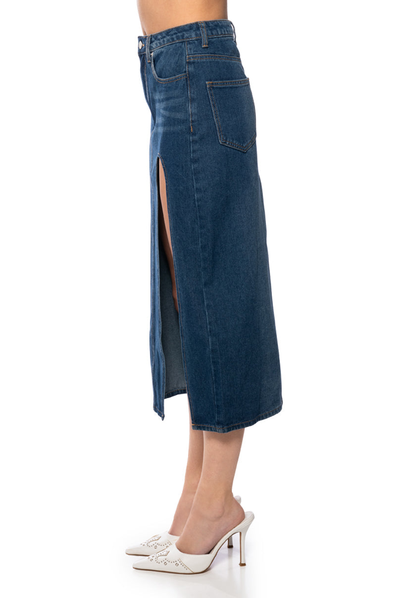 NAUGHTY OR NICE DRAMA SLIT DENIM SKIRT