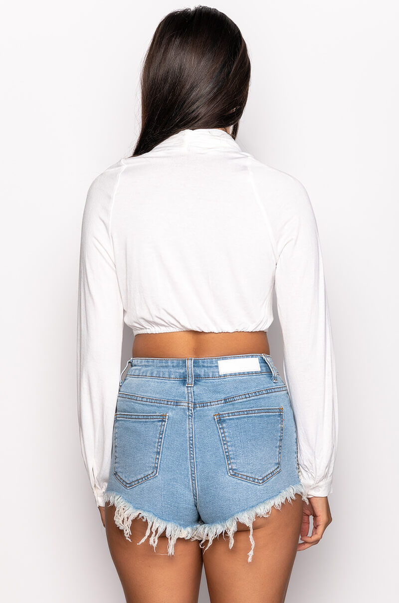 NEVER BE LIKE YOU TWIST FRONT CROP LONG SLEEVE TOP
