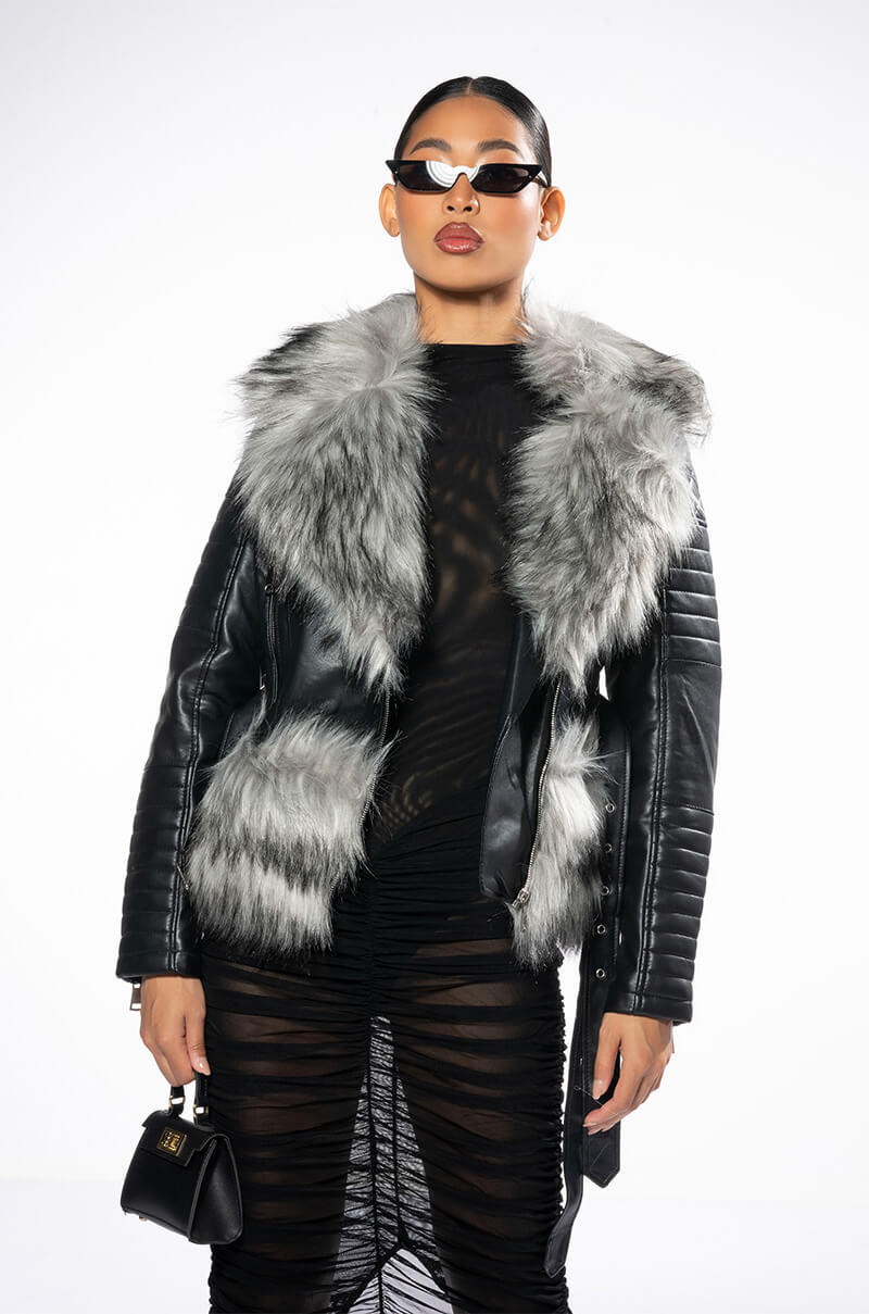 NEVER CARED WAIST LINED FAUX FUR MOTO JACKET