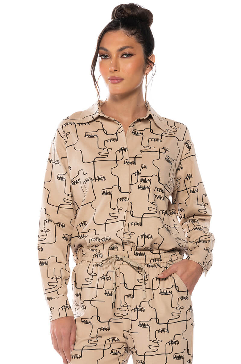 NEW SOCIETY PRINTED BUTTON DOWN TOP