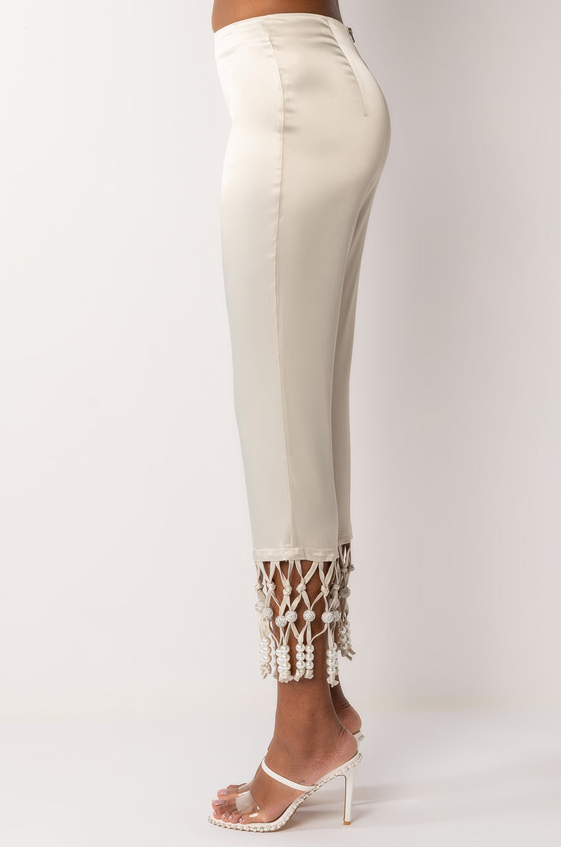 NEXT STOP CANNES BEADED TRIM HIGH WAIST SATIN PANT