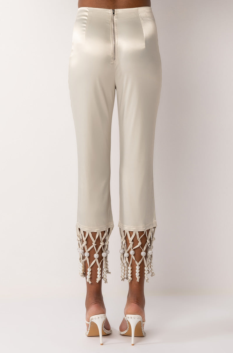 NEXT STOP CANNES BEADED TRIM HIGH WAIST SATIN PANT