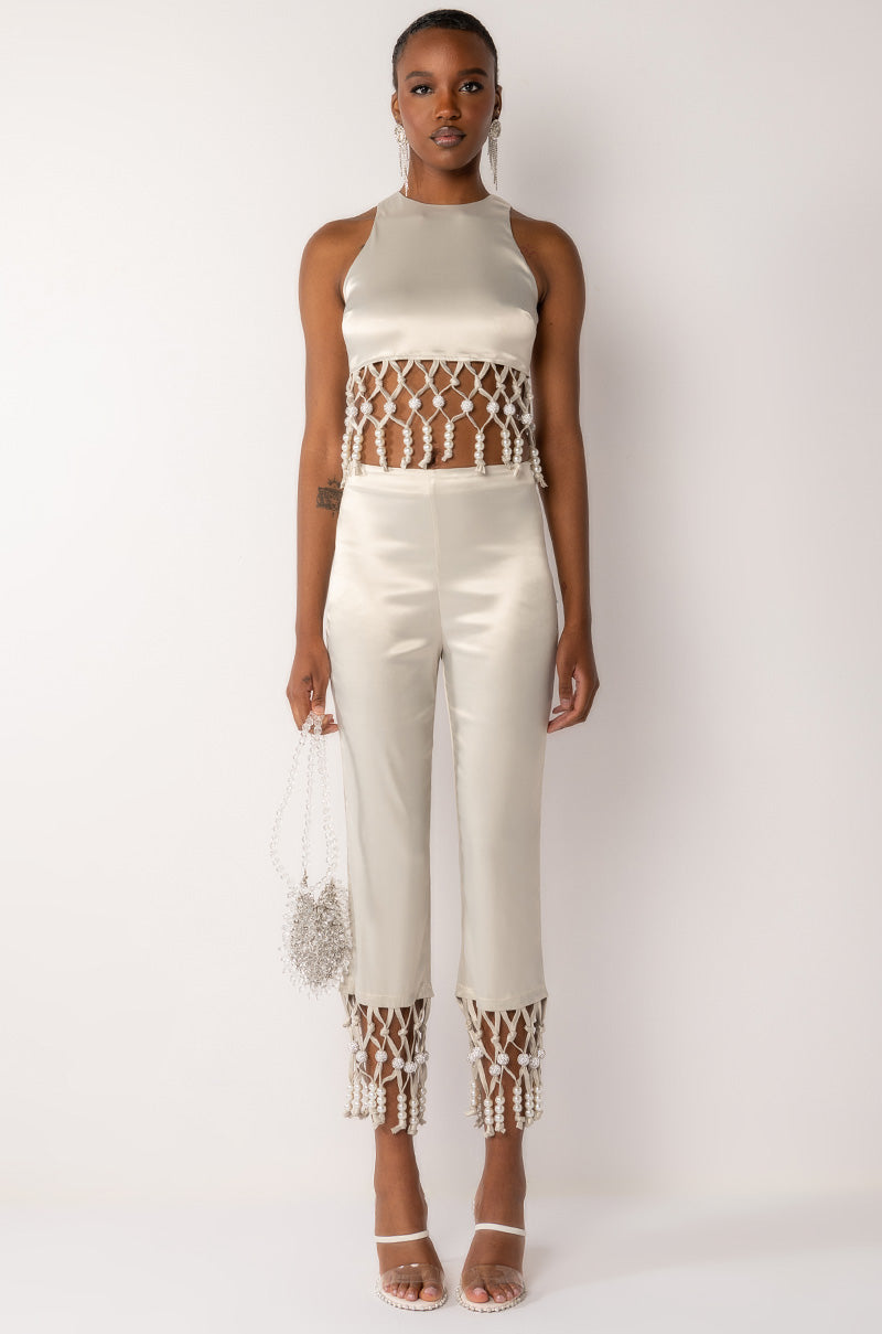NEXT STOP CANNES BEADED TRIM HIGH WAIST SATIN PANT