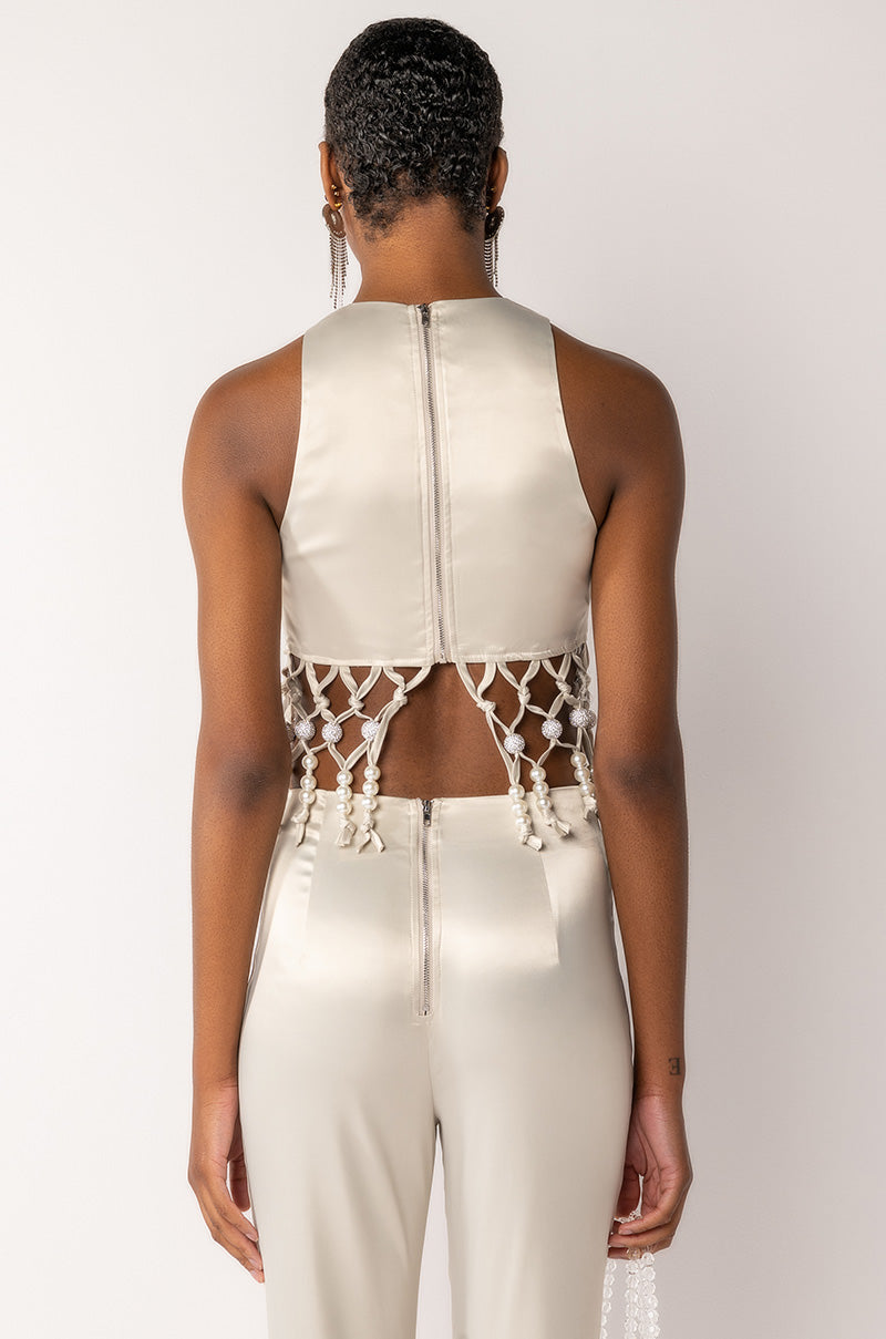 NEXT STOP CANNES BEADED TRIM SLEEVELESS SATIN BLOUSE