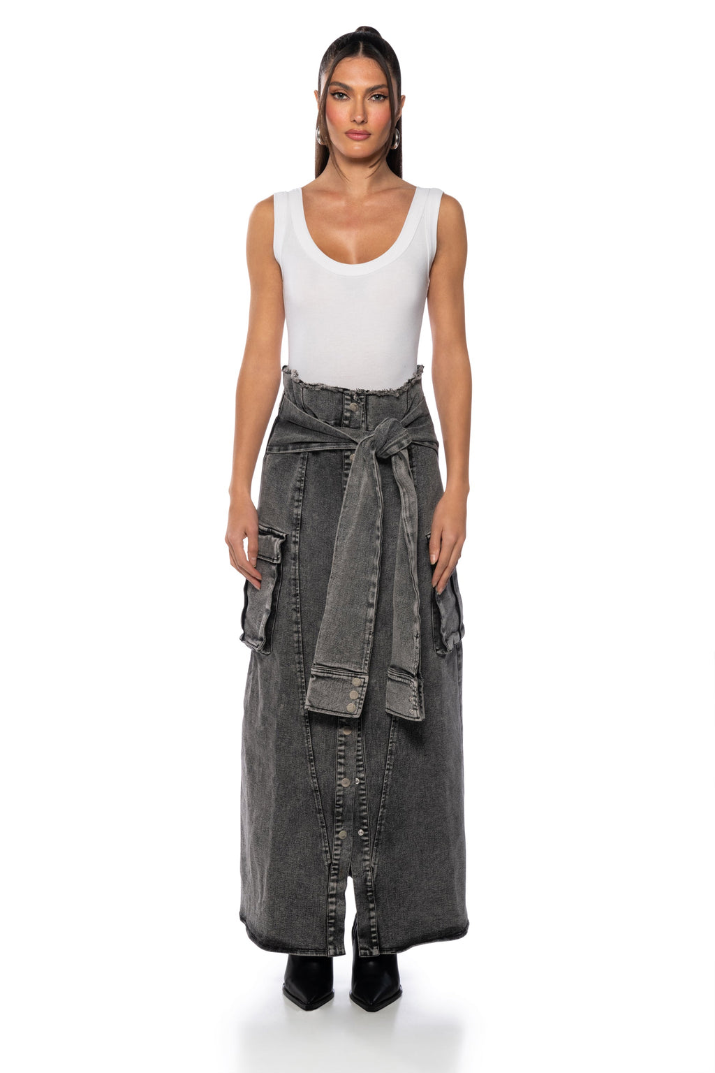 NEXT UP BLEACHED DENIM MAXI SKIRT