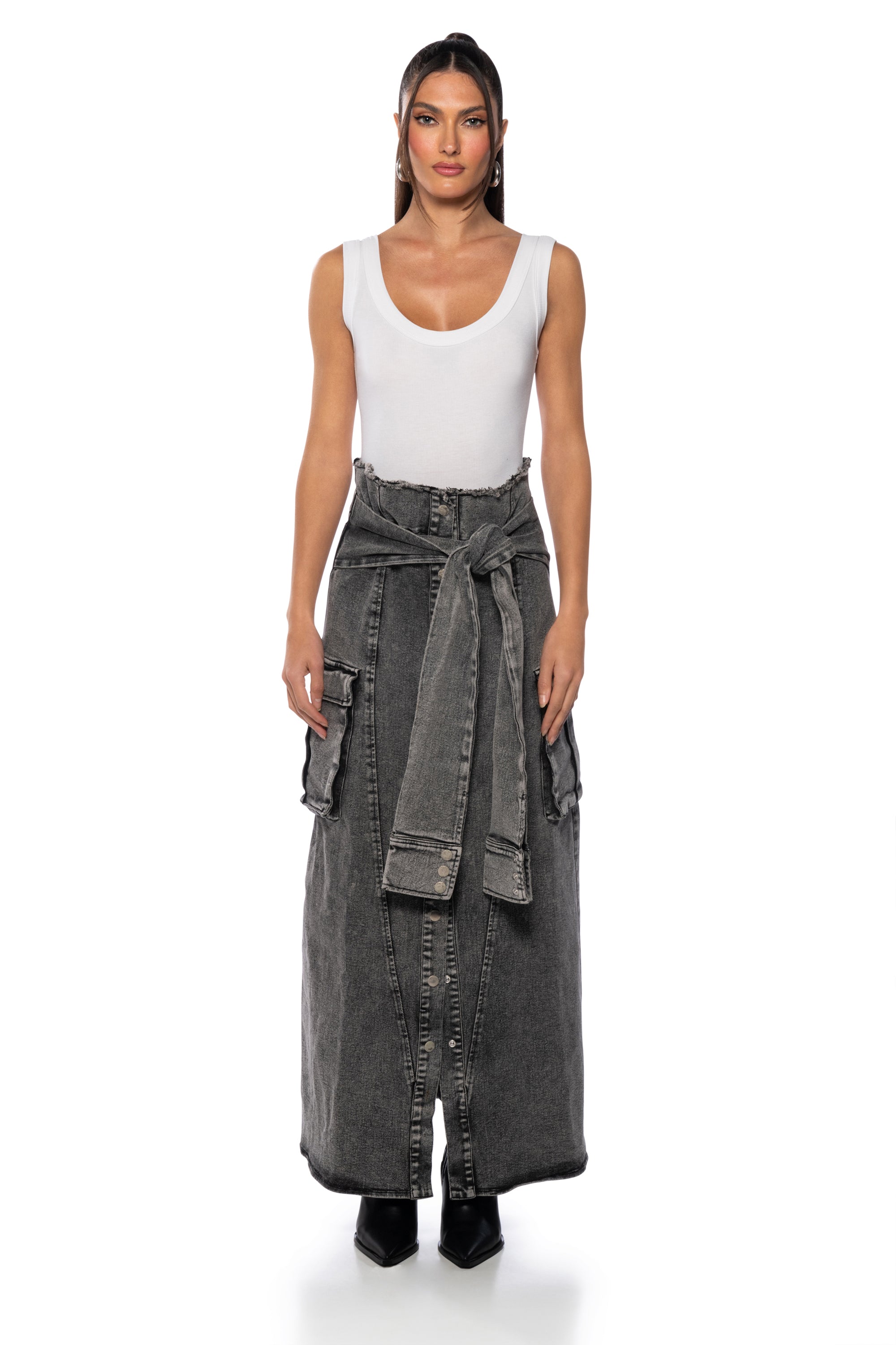 NEXT UP BLEACHED DENIM MAXI SKIRT