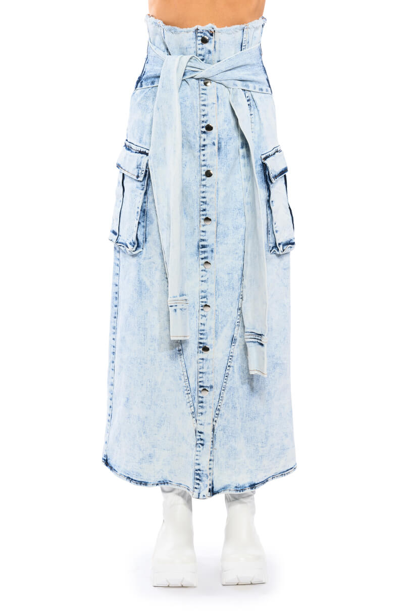 NEXT UP BLEACHED DENIM MAXI SKIRT