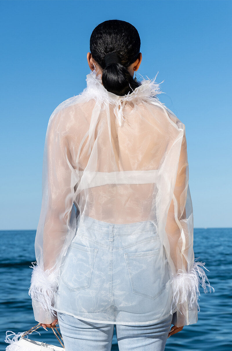 NICE TO MEET YOU FEATHER TRIM LONG SLEEVE ORGANZA BLOUSE
