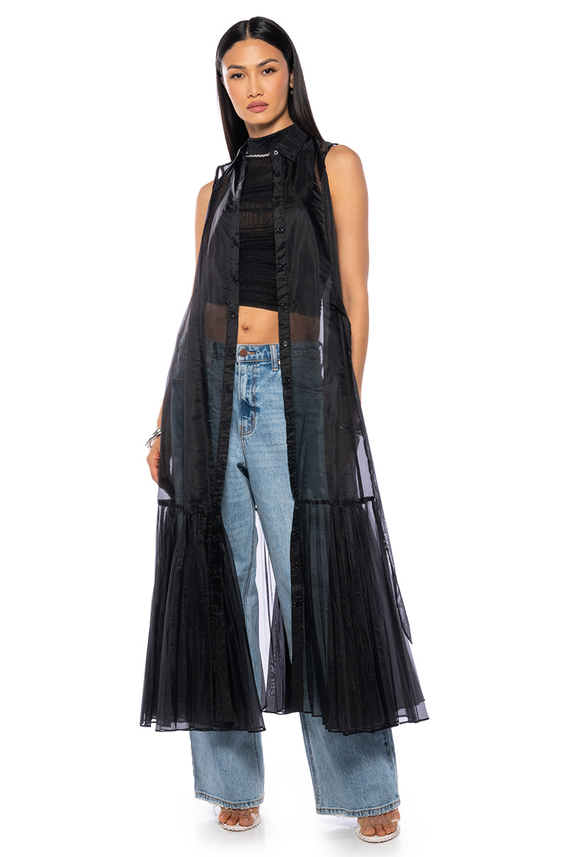 FITTED BUTTON DOWN PLEATED SHEER DUSTER