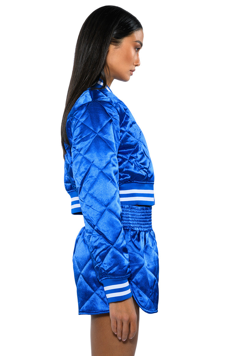 NO CAP CROPPED SATIN VARSITY BOMBER