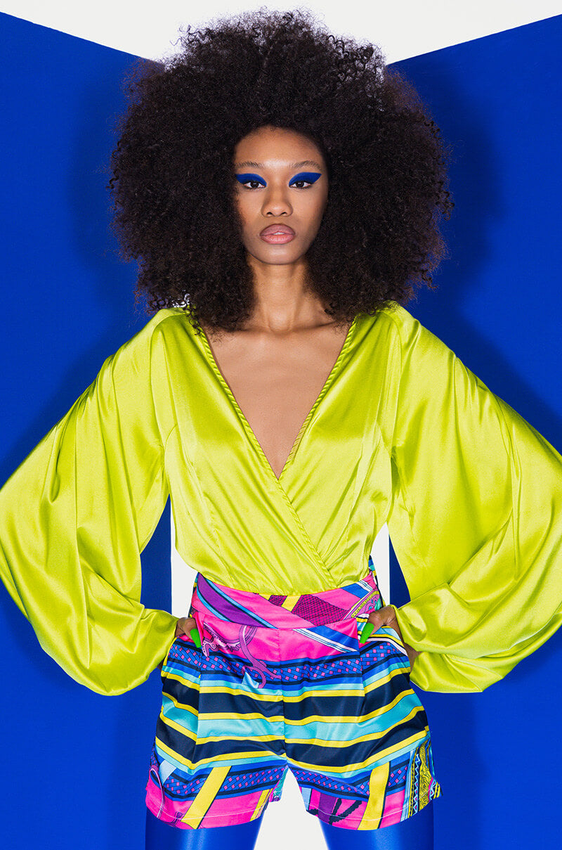 NO PICTURES PLEASE WRAP FRONT LONG SLEEVE SATIN BODYSUIT