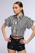 NOT IN THE MOOD STRIPED BUTTON DOWN CROP BLOUSE