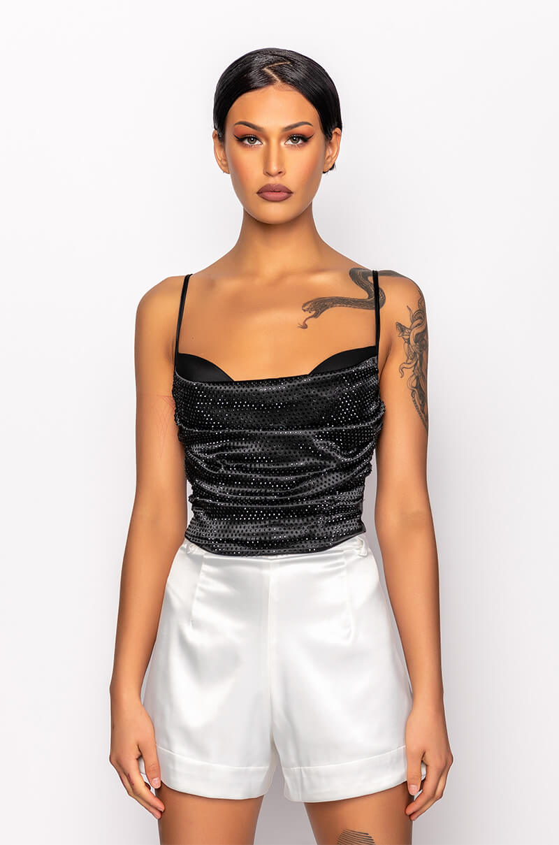 NOVA GIRL RHINESTONE COWL NECK TANK