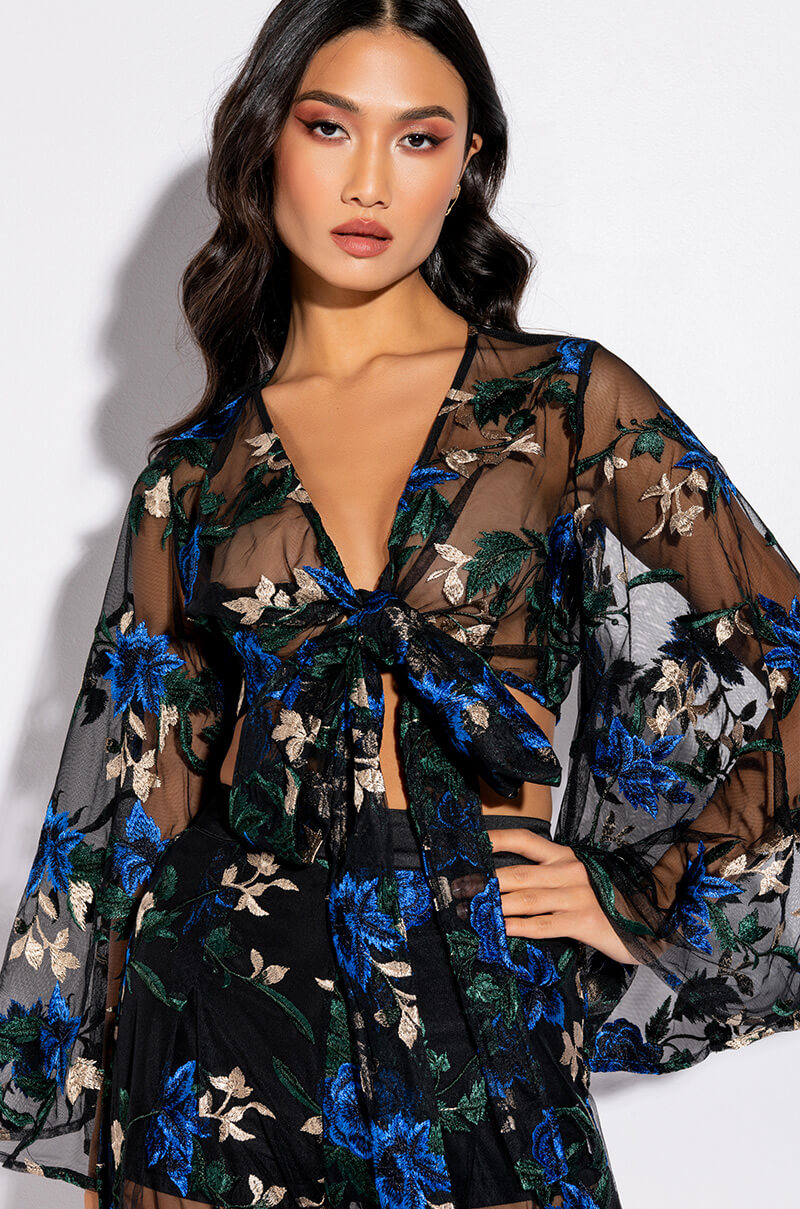 OJAI EMBROIDERED BELL SLEEVE WRAP FRONT BLOUSE
