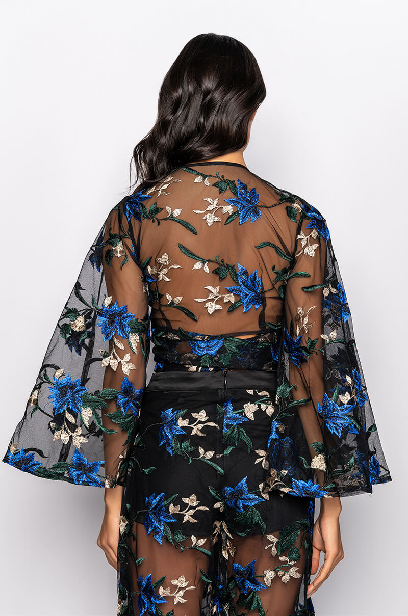 OJAI EMBROIDERED BELL SLEEVE WRAP FRONT BLOUSE