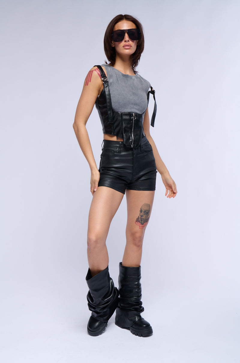 ON-DUTY VEGAN LEATHER LACE UP SHORTS