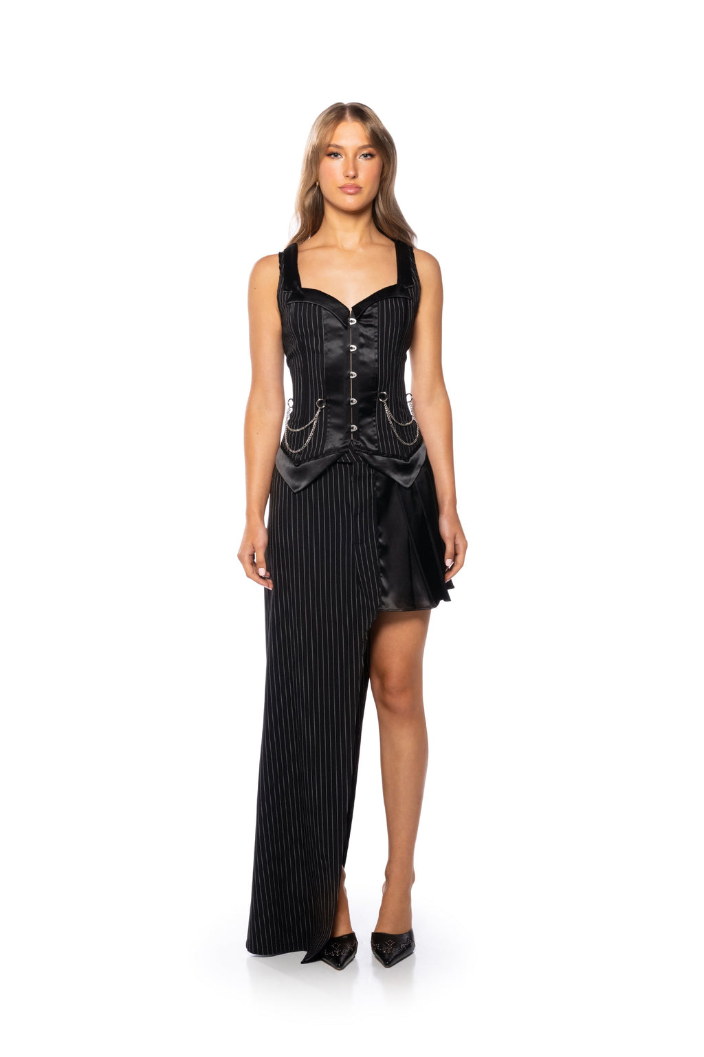 ON MY WAY ASYMMETRICAL PINSTRIPE MIDI SKIRT