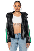 ON YOUR MARKS FAUX LEATHER HOODED JACKET