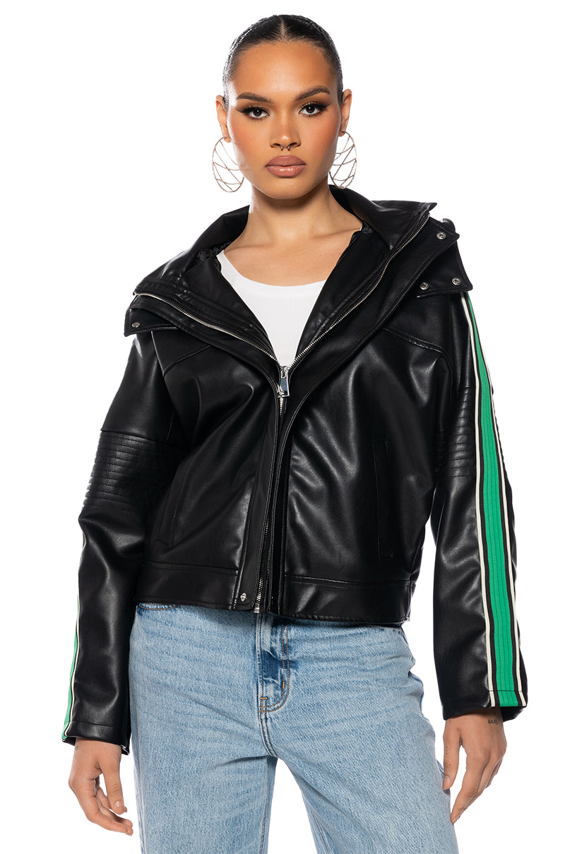 ON YOUR MARKS FAUX LEATHER HOODED JACKET