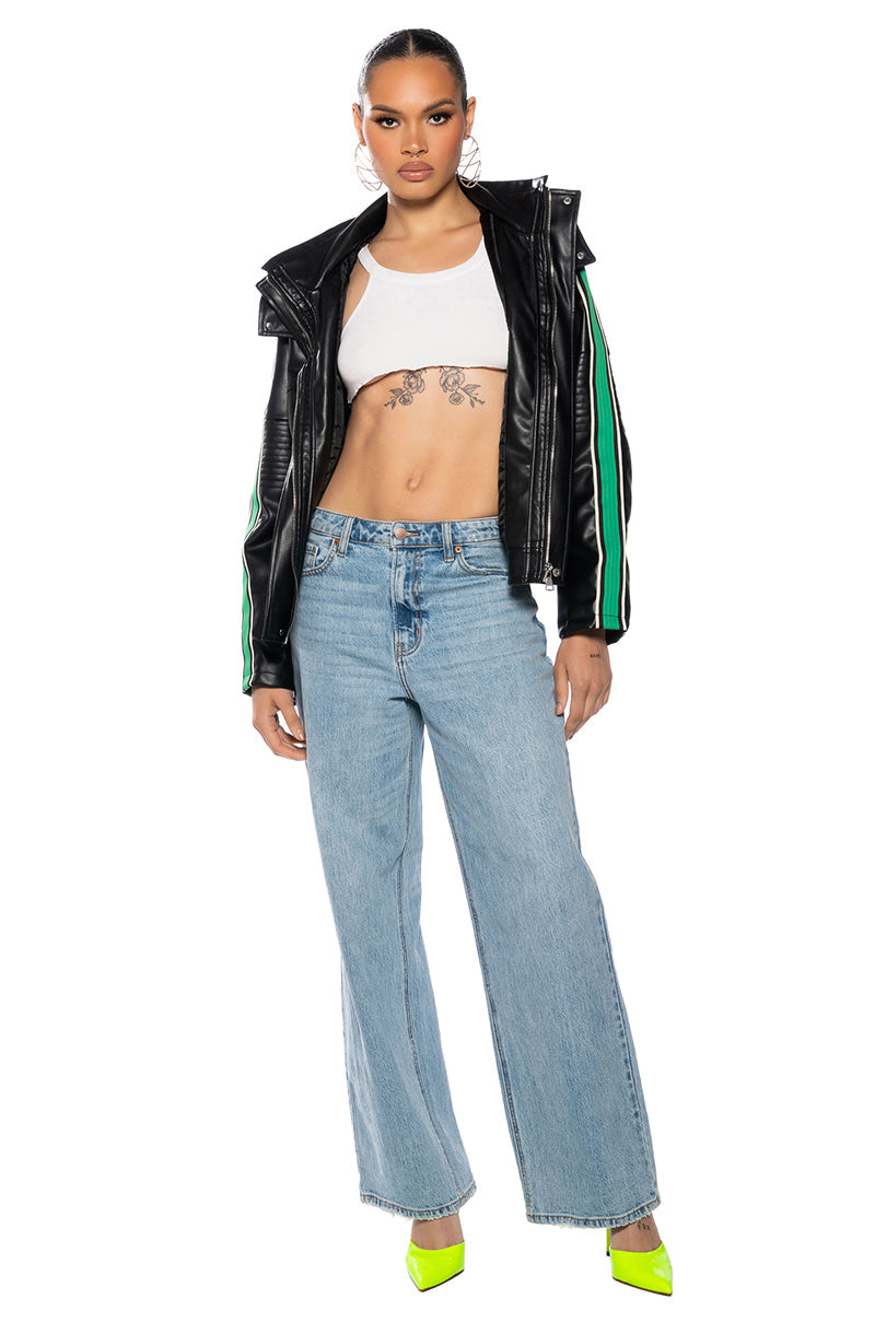 ON YOUR MARKS FAUX LEATHER HOODED JACKET