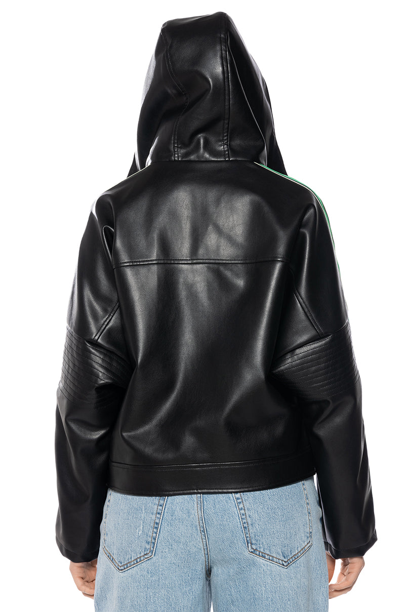ON YOUR MARKS FAUX LEATHER HOODED JACKET
