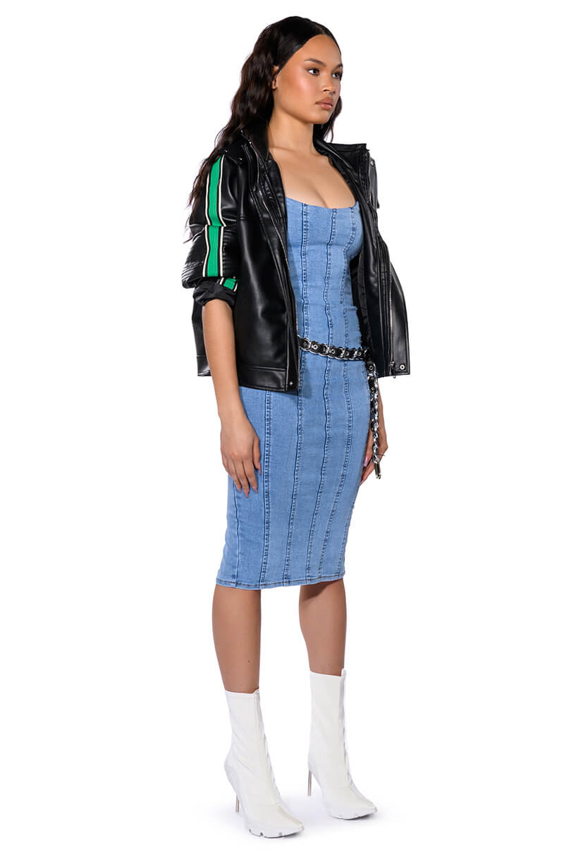ON YOUR MARKS FAUX LEATHER HOODED JACKET