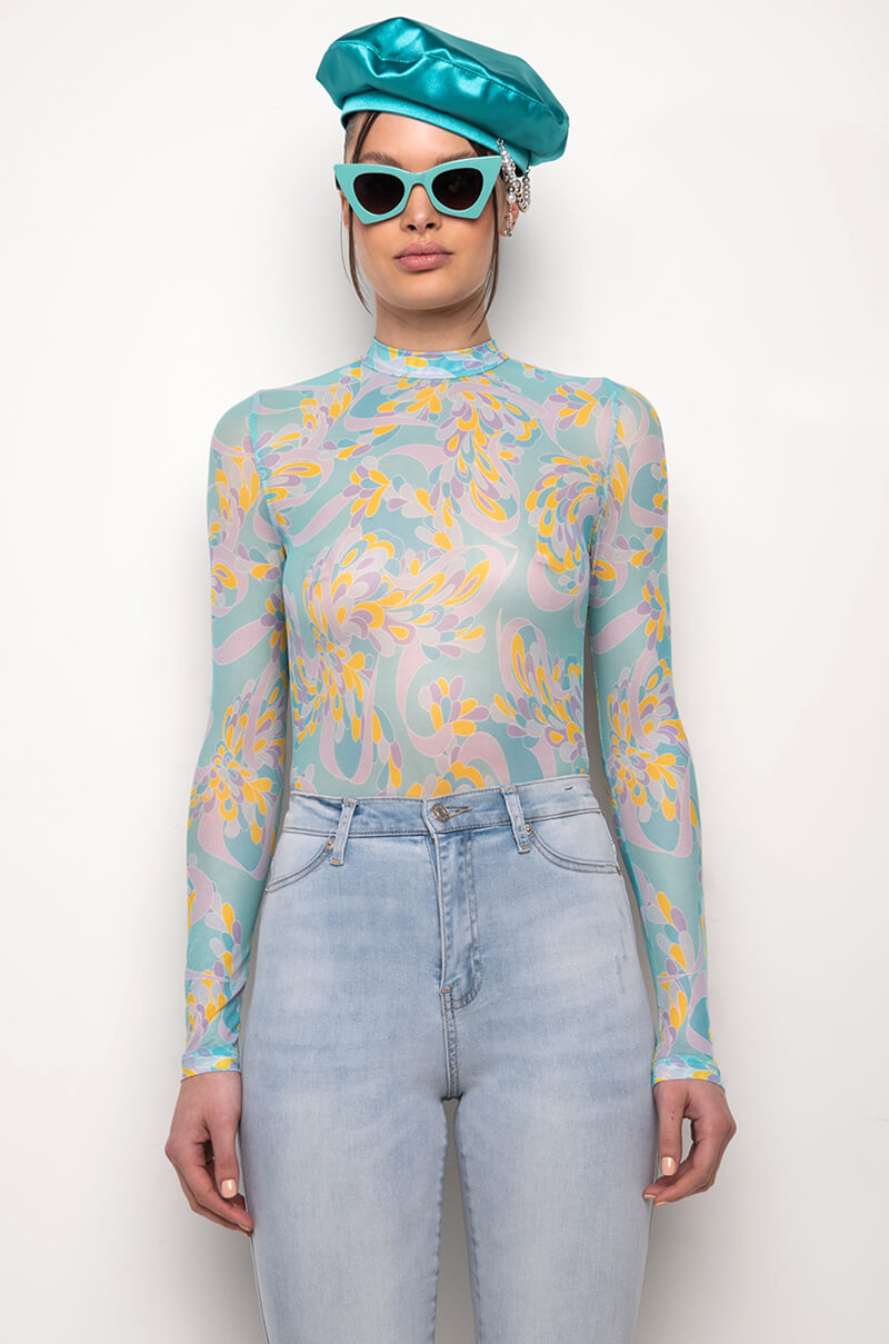 ONCE UPON A TIME LONG SLEEVE MOCK NECK MESH BODYSUIT