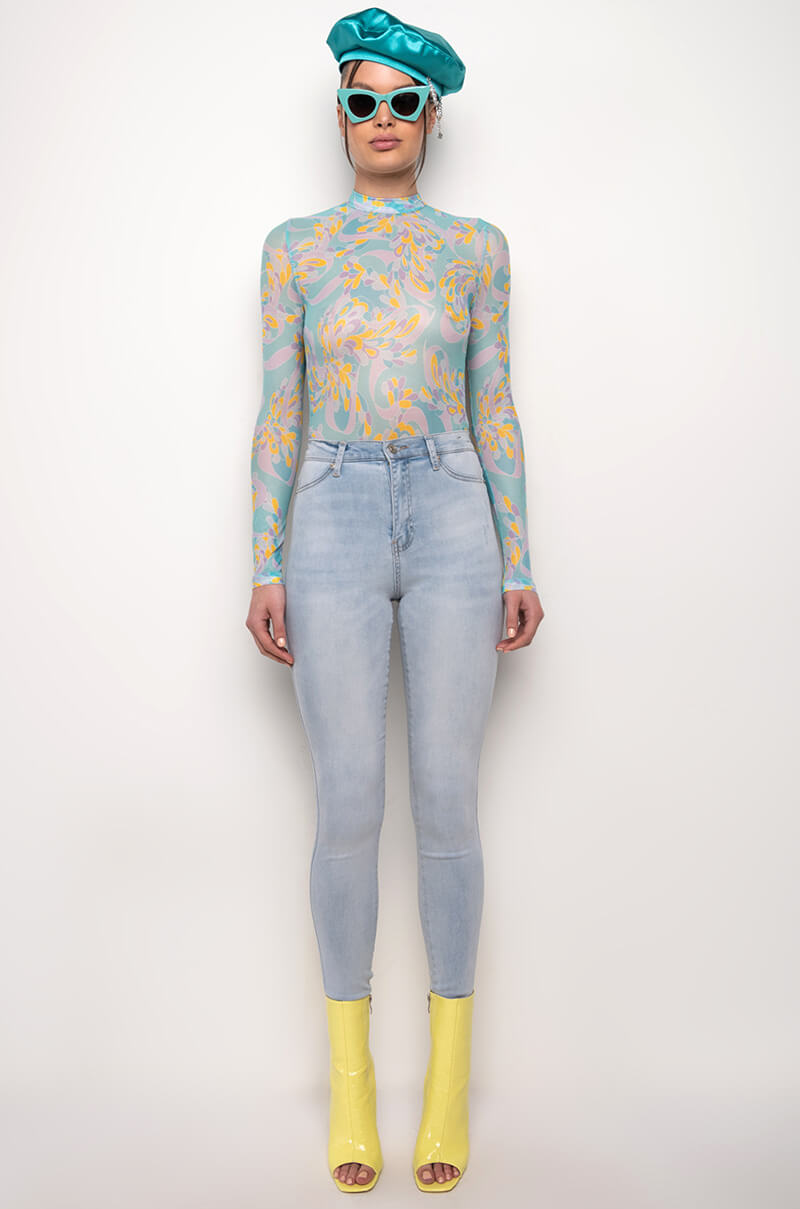ONCE UPON A TIME LONG SLEEVE MOCK NECK MESH BODYSUIT