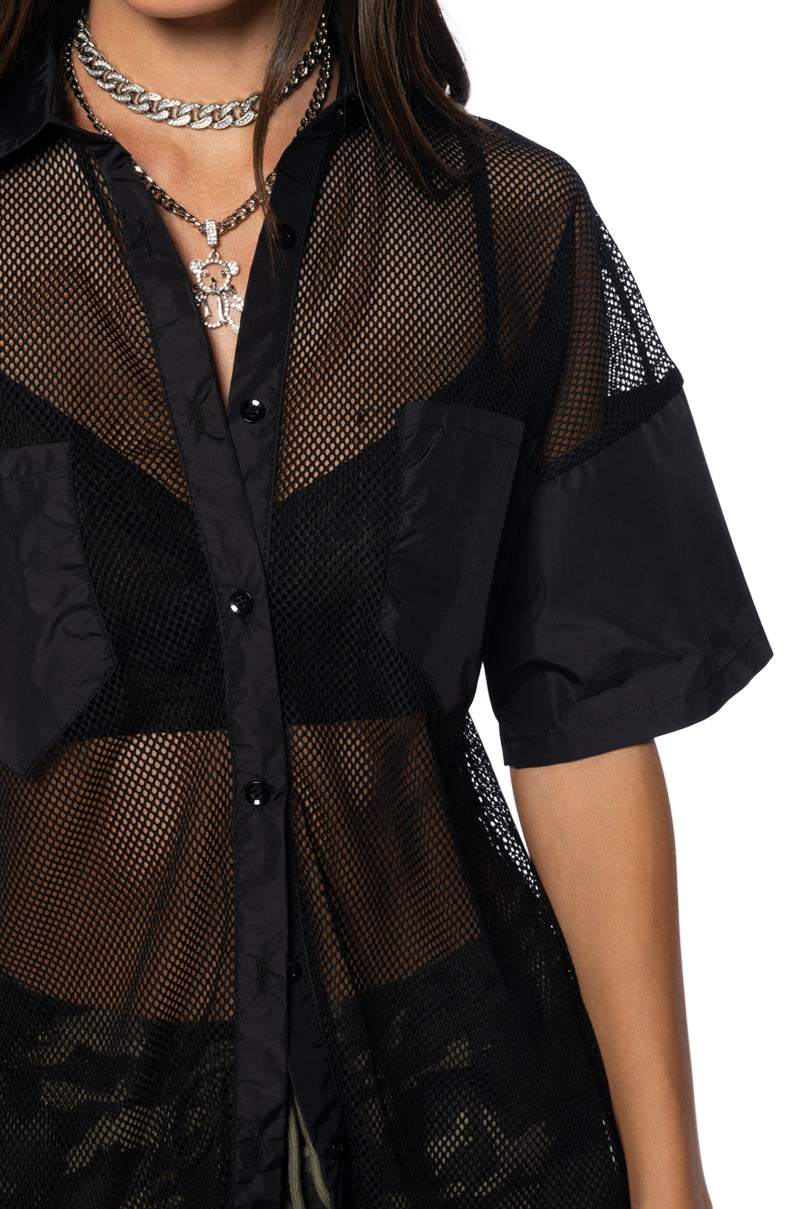 OVERSIZED MESH SHORT SLEEVE BUTTON DOWN IN BLACK