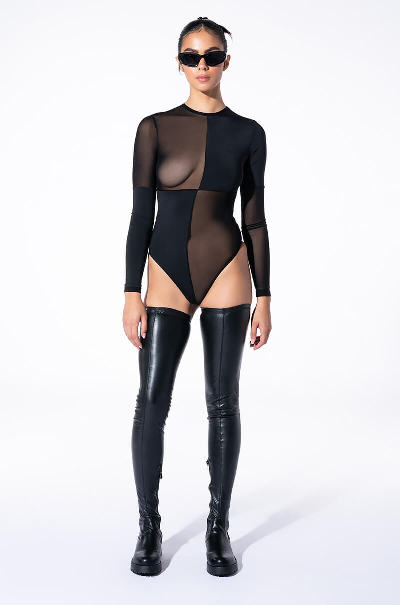 CHECKMATE COLORBLOCKED LONG SLEEVE MESH BODYSUIT