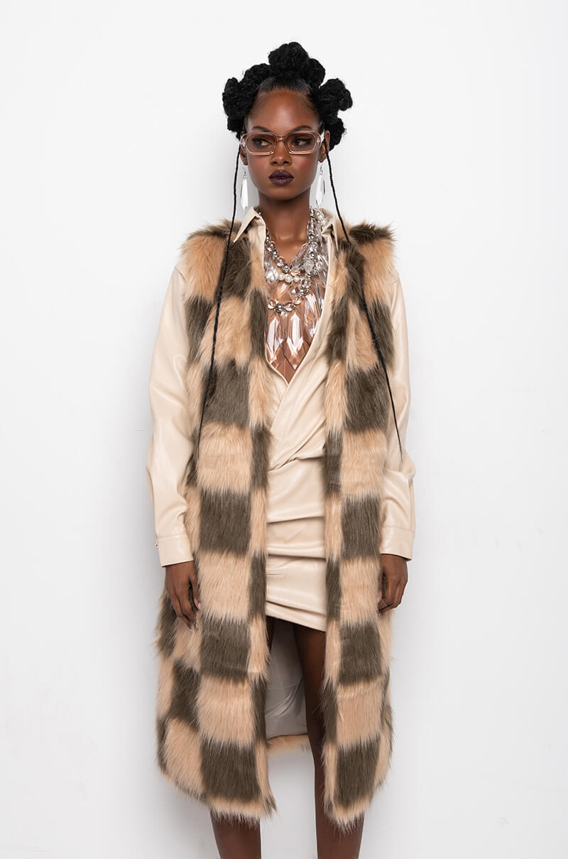 PAY TRIBUTE CHECKERED FAUX FUR VEST